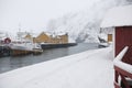 Fishing harbour in Nusfjord Flakstadoya. Loftofen Archipelago Norway