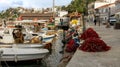 Fishing harbour of the rural touristic town of Karaburun, Izmir. Turkey. Nets and boats