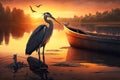 fishing heron sitting in boat on water near shore against background of sunset Royalty Free Stock Photo