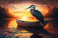 fishing heron sitting in boat on water near shore against background of sunset Royalty Free Stock Photo