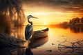 fishing heron sitting in boat on water near shore against background of sunset Royalty Free Stock Photo