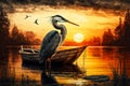 fishing heron sitting in boat on water near shore against background of sunset Royalty Free Stock Photo