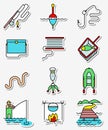 Fishing hobby icons set in line art thin and simply colorful sty Royalty Free Stock Photo