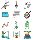 Fishing hobby line art thin and simply colorful icons set. Royalty Free Stock Photo