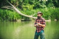 Fishing hobby and summer weekend. Bearded men fisher with fishing rod.