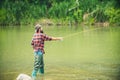 Fishing hobby and summer weekend. Bearded men fisher with fishing rod.