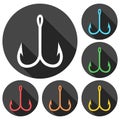 Fishing Hook, Barbed fish hook vector icons set with long shadow Royalty Free Stock Photo