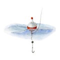 Fishing hook and bobber splash. Watercolor drawing of a fish hook under water isolated on a white background. The red Royalty Free Stock Photo