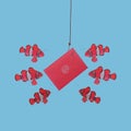 Fishing hook with Email envelope and fishes looking with interest and swimming around on blue background