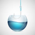 Fishing hook in an empty aquarium with water. Stock illus