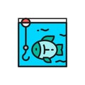 Fishing, hook with fish underwater flat color line icon.