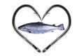 Fishing hook love heart sign with salmon fish isolated on a white background. Fishing hook close up. Fishing tackle. Stainless ste Royalty Free Stock Photo