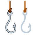 Fishing hook. Metal fishhook for bait, fish trap. Equipment of fisherman. Cartoon icon isolated on white background Royalty Free Stock Photo