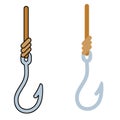 Fishing hook. Metal fishhook for bait, fish trap. Equipment of fisherman. Cartoon icon isolated on white Royalty Free Stock Photo