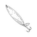 Fishing hook minnow vector illustration tackle. Metal fly gudgeon spinner lure feeding. Bait line drawing. Ink