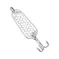 Fishing hook minnow vector illustration tackle. Metal fly gudgeon spinner lure feeding. Bait line drawing. Ink