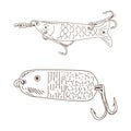 Fishing hook minnow vector illustration tackle set. Metal fly gudgeon spinner lure feeding. Bait line drawing. Ink