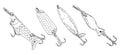 Fishing hook minnow vector illustration tackle set. Metal fly gudgeon spinner lure feeding. Bait line drawing. Ink