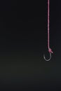 Fishing hook tied with red rope hanging on black background Royalty Free Stock Photo