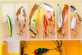 Fishing hooks and bait in a set for catching different fish Royalty Free Stock Photo