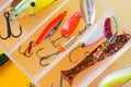 Fishing hooks and bait in a set for catching different fish Royalty Free Stock Photo