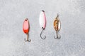 Fishing hooks and baits in a set for catching different fish on a grey background with copy space. Flat lay Royalty Free Stock Photo