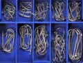 Fishing hooks in the box Royalty Free Stock Photo