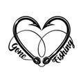 Fishing hooks in the shape of a heart. Fishing equipment. Fishing emblem. - template for fishing design