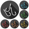 Fishing Hooks vector icons set with long shadow Royalty Free Stock Photo