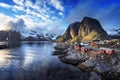 Fishing hut at spring sunset - Reine, Lofoten islands Royalty Free Stock Photo