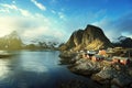 Fishing hut at spring sunset - Reine, Lofoten Royalty Free Stock Photo