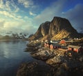 Fishing hut at spring sunset - Reine, Lofoten islands, Norway Royalty Free Stock Photo