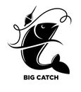 Fishing icon of fish on hook for fisherman club or fishery sea sport adventure logo template. Royalty Free Stock Photo