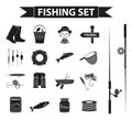 Fishing icon set, black silhouette, outline style. Fishery collection objects, design elements, isolated on white Royalty Free Stock Photo