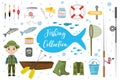 Fishing icon set, flat, cartoon style. Fishery collection objects, design elements, isolated on white background Royalty Free Stock Photo
