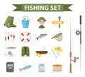 Fishing icon set, flat, cartoon style. Fishery collection objects, design elements, isolated on white background Royalty Free Stock Photo