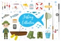 Fishing icon set, flat, cartoon style. Fishery collection objects, design elements, on white background Royalty Free Stock Photo