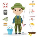 Fishing icon set, flat, cartoon style. Fishery collection objects, design elements, on white background Royalty Free Stock Photo