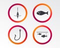 Fishing icons. Fish with fishermen hook symbol. Royalty Free Stock Photo