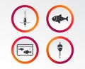 Fishing icons. Fish with fishermen hook symbol.