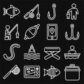 Fishing Icons Set on Black Background. Line Style Vector Royalty Free Stock Photo
