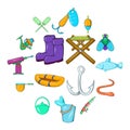 Fishing icons set, cartoon style