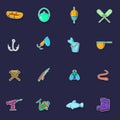 Fishing icons set vector sticker