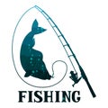 Fishing illustration with fish. Design for cards, covers, brochures and advertising booklets.