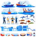 Fishing industry vector illustration set, cartoon infographic collection with commercal boats for industrial seafood