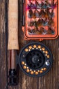 Fishing kit set on burnt wooden background Royalty Free Stock Photo