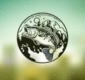 Bass Fishing emblem on blur background. Vector illustration. Royalty Free Stock Photo