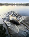 Fishing on the lake. Carp lies on a plastic bag. Royalty Free Stock Photo