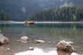 Fishing on a lake in Montenegro. Fishing boat on a calm lake wat