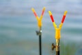 Fishing on the lake. Stand for fishing rod, spinning close-up Royalty Free Stock Photo